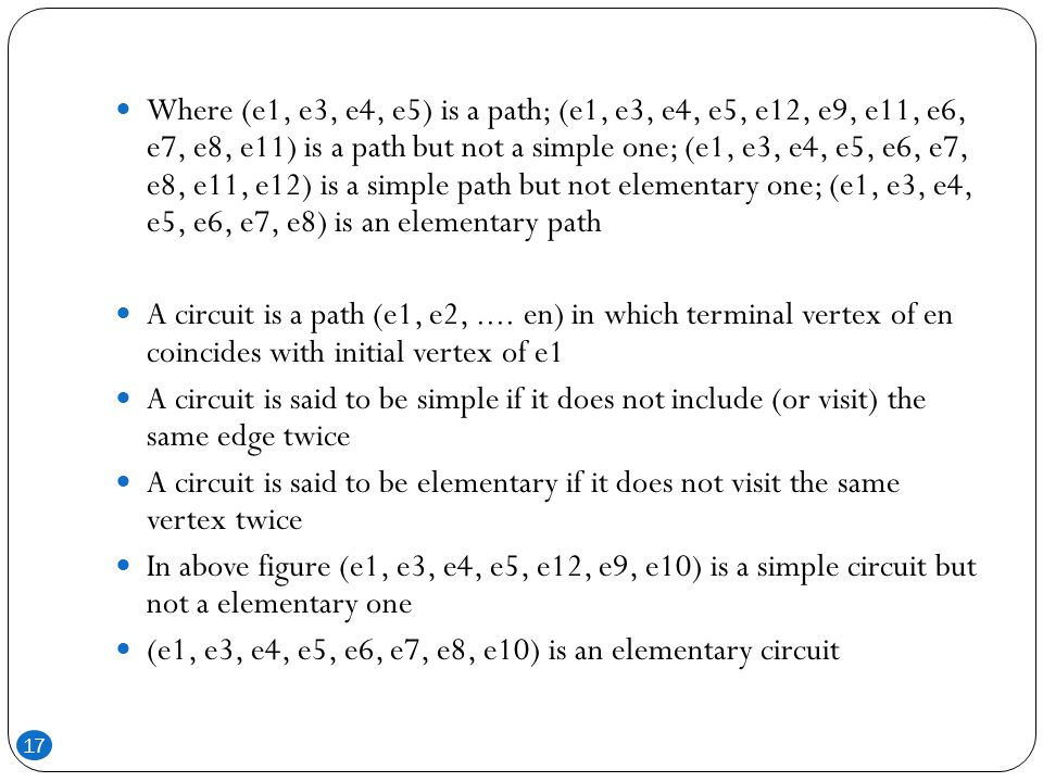 Where (e1, e3, e4, e5) is a path; (e1, e3, e4, e5, e12, e9, e11, e6, e7, e8, e11) is a path but not a simple one; (e1, e3, e4, e5, e6, e7, e8, e11, e12) is a simple path but not elementary one; (e1, e3, e4, e5, e6, e7, e8) is an elementary path