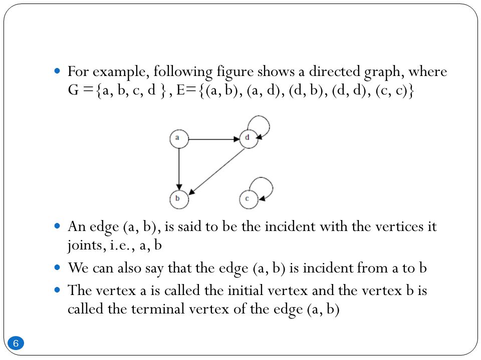 For example, following figure shows a directed graph, where G ={a, b, c, d }, E={(a, b), (a, d), (d, b), (d, d), (c, c)}