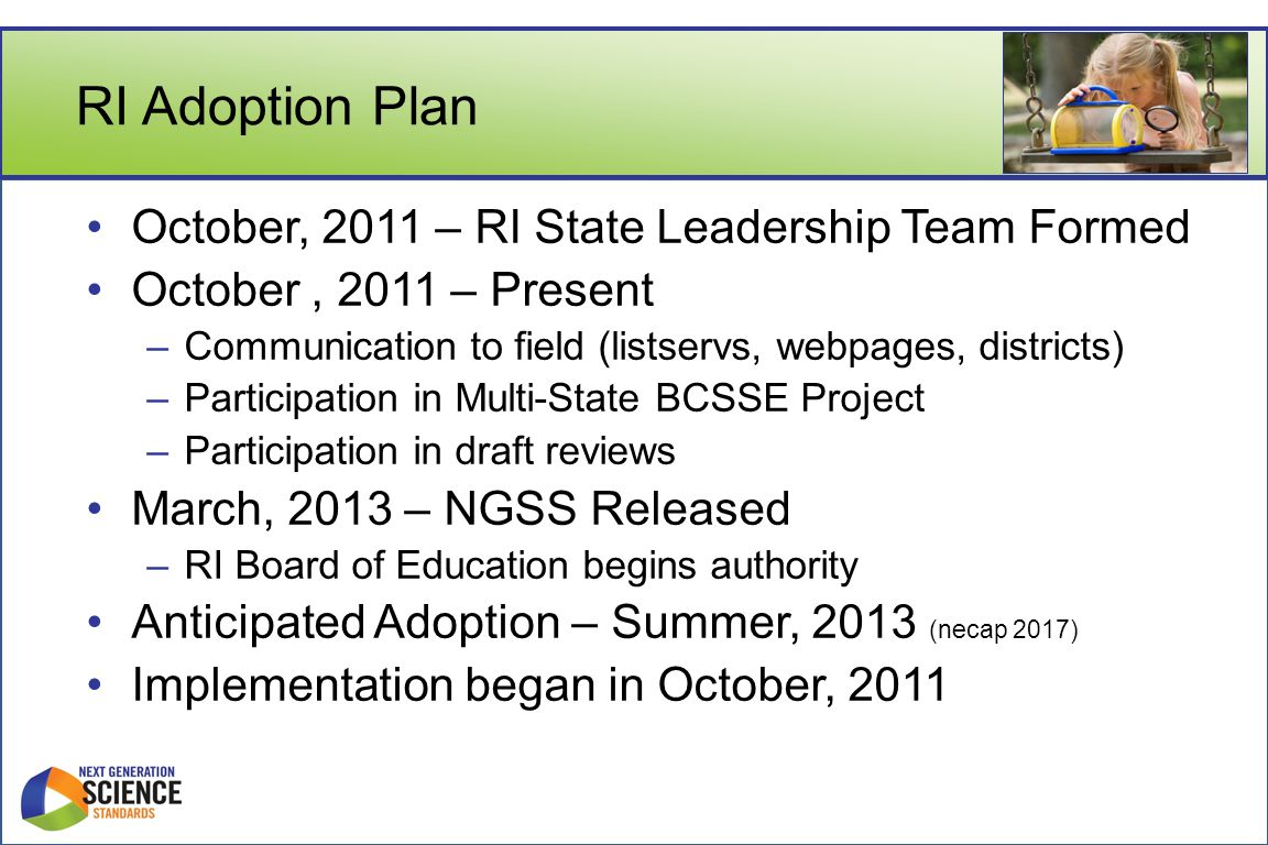 RI Adoption Plan October, 2011 – RI State Leadership Team Formed