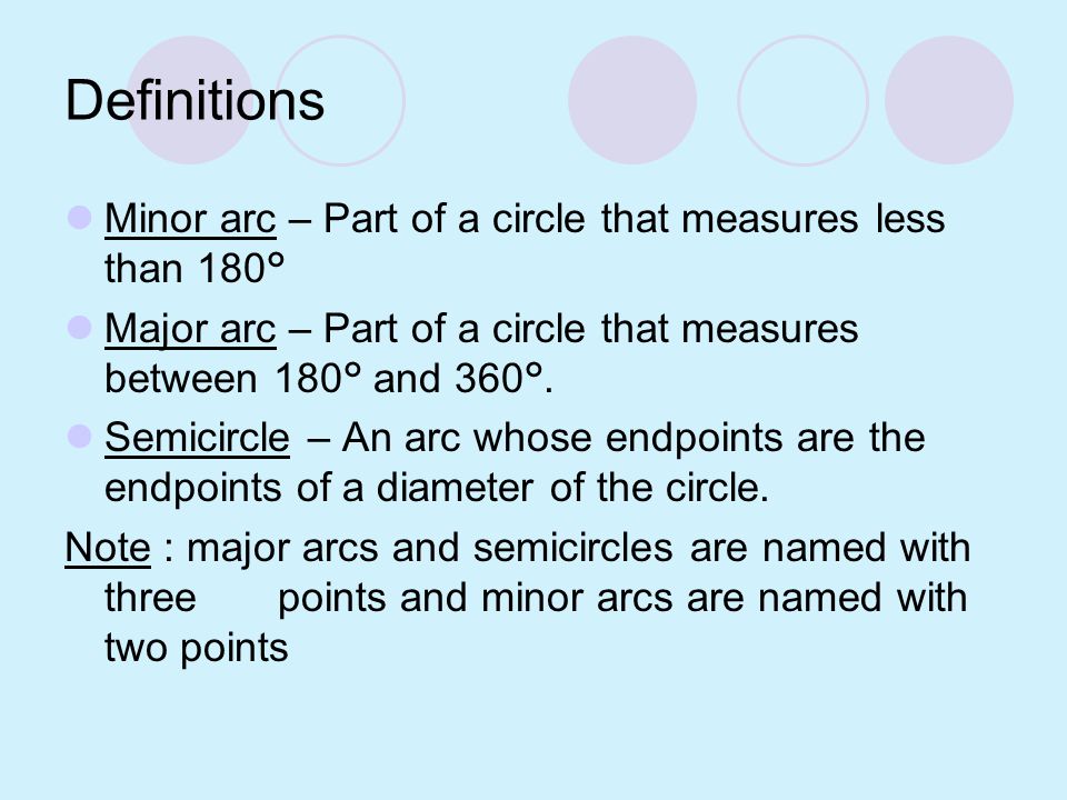 Definitions Minor arc – Part of a circle that measures less than 180°