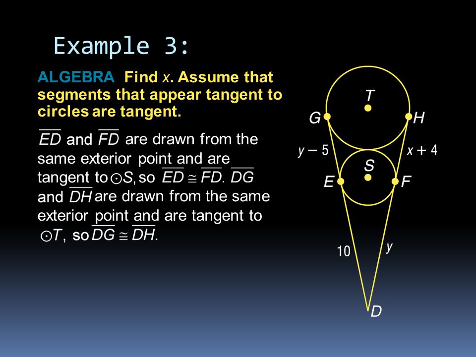 Example 3: ALGEBRA Find x. Assume that segments that appear tangent to circles are tangent.