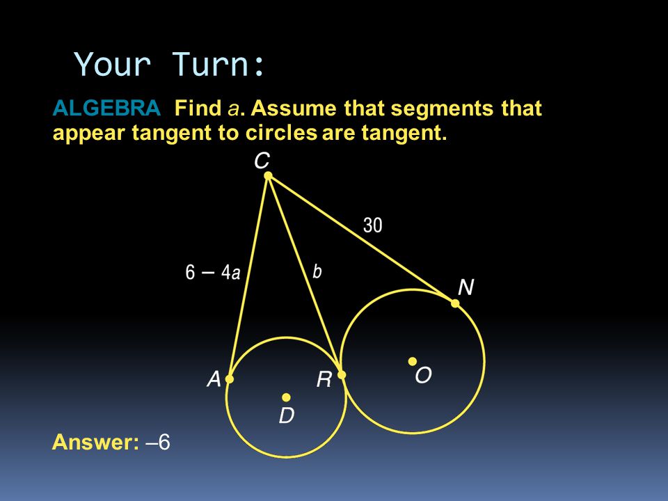 Your Turn: ALGEBRA Find a. Assume that segments that appear tangent to circles are tangent.