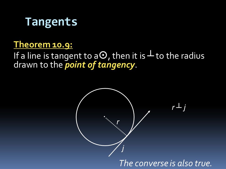Tangents Theorem 10.9: If a line is tangent to a , then it is ┴ to the radius drawn to the point of tangency. The converse is also true.