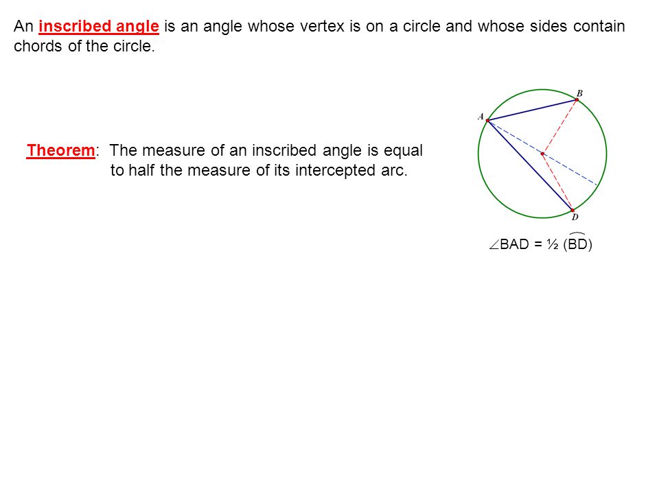An inscribed angle is an angle whose vertex is on a circle and whose sides contain chords of the circle.