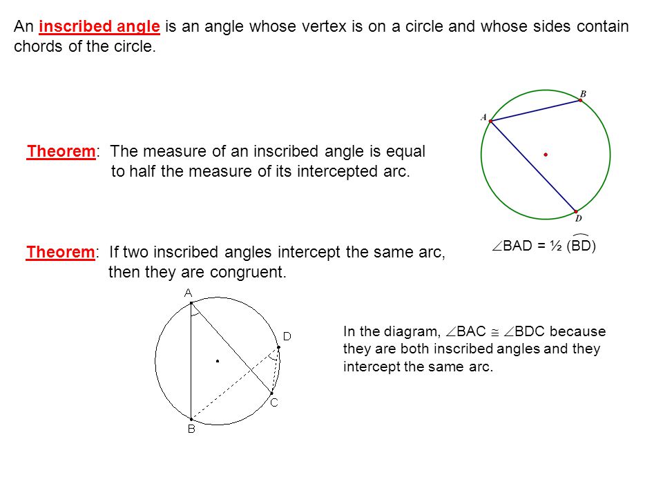 Theorem: If two inscribed angles intercept the same arc,