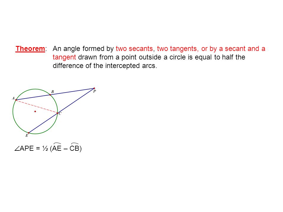 Theorem: An angle formed by two secants, two tangents, or by a secant and a