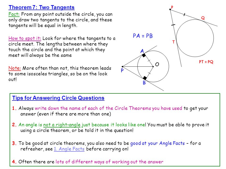 PA = PB Theorem 7: Two Tangents Tips for Answering Circle Questions