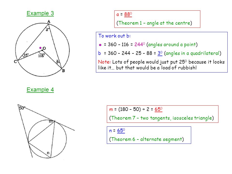 Example 3 Example 4 a = 880 (Theorem 1 – angle at the centre)