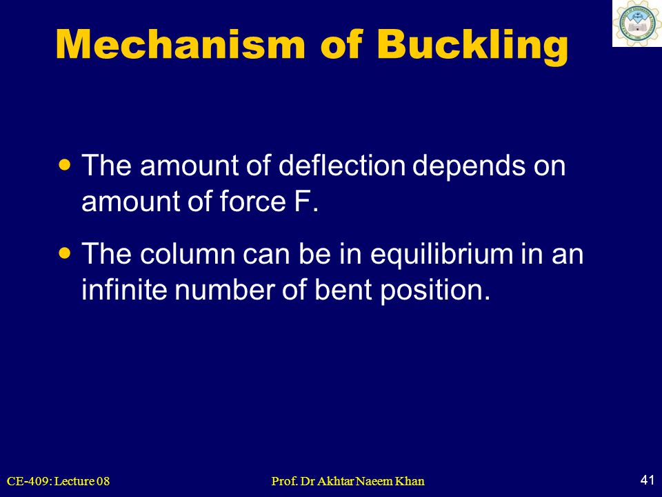 Mechanism of Buckling The amount of deflection depends on amount of force F.