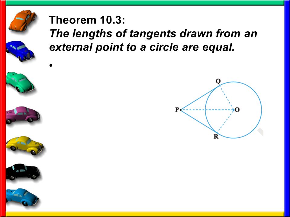 Theorem 10.3: The lengths of tangents drawn from an external point to a circle are equal.