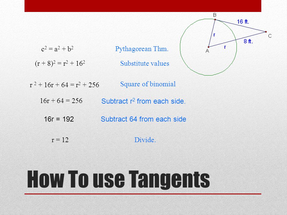 How To use Tangents c2 = a2 + b2 Pythagorean Thm. (r + 8)2 = r