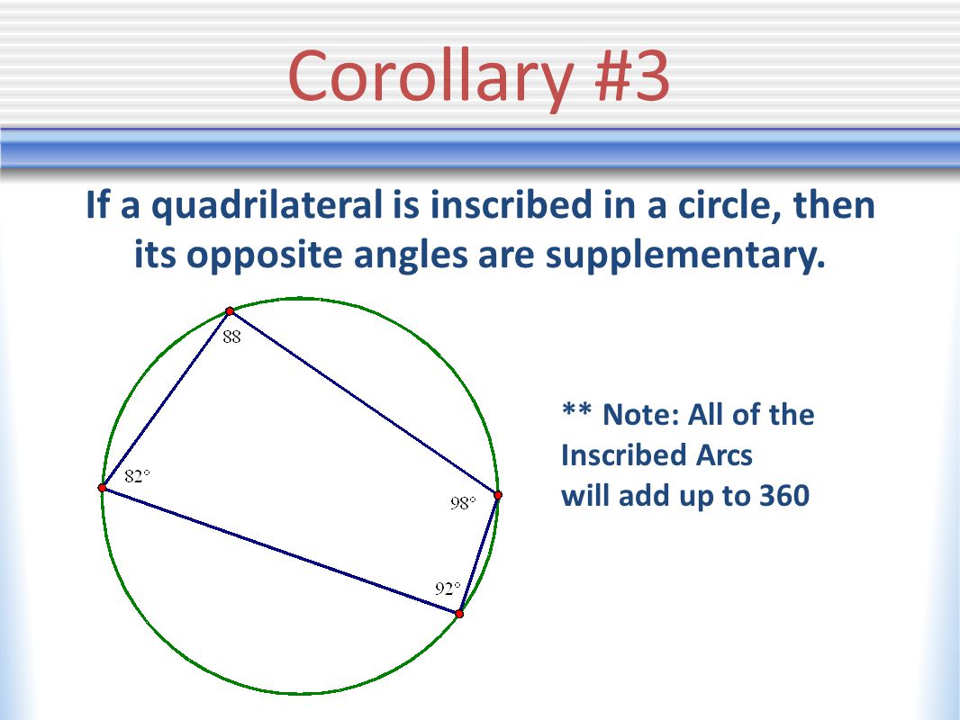 Corollary #3 If a quadrilateral is inscribed in a circle, then its opposite angles are supplementary.