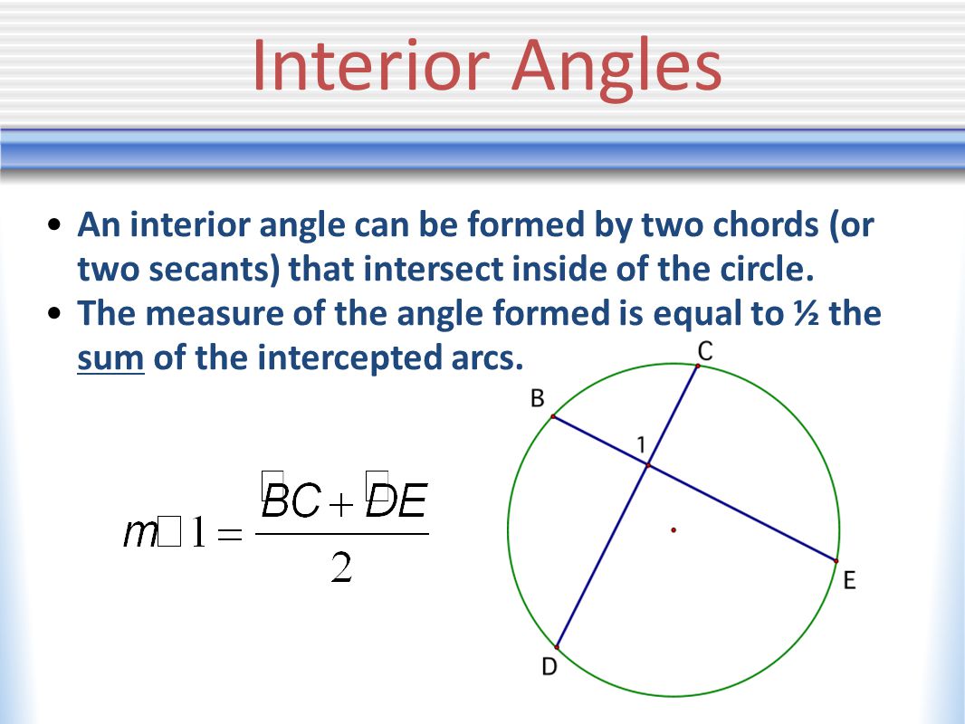 Interior Angles An interior angle can be formed by two chords (or two secants) that intersect inside of the circle.