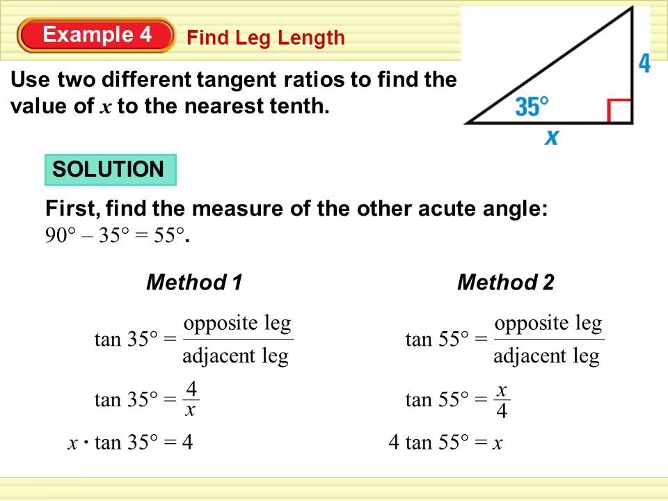 First, find the measure of the other acute angle: 90° – 35° = 55°.
