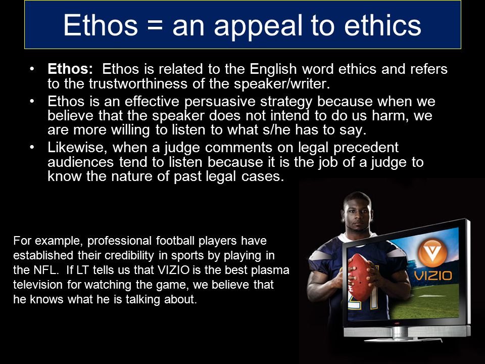 Ethos = an appeal to ethics