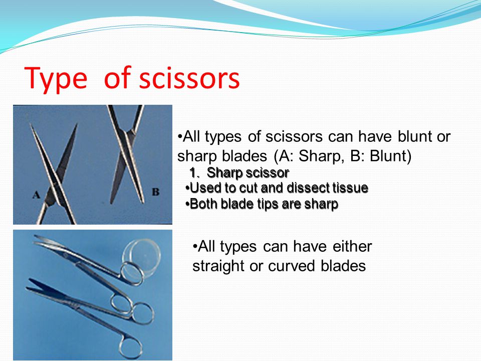 Type of scissors All types of scissors can have blunt or sharp blades (A: Sharp, B: Blunt) Sharp scissor.