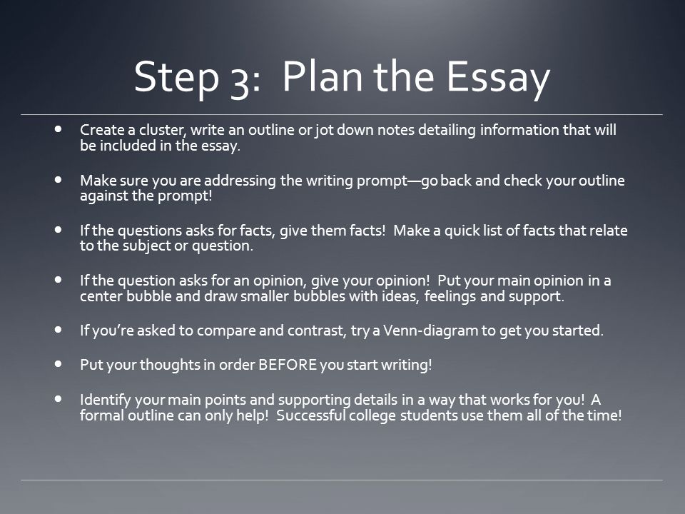Step 3: Plan the Essay Create a cluster, write an outline or jot down notes detailing information that will be included in the essay.