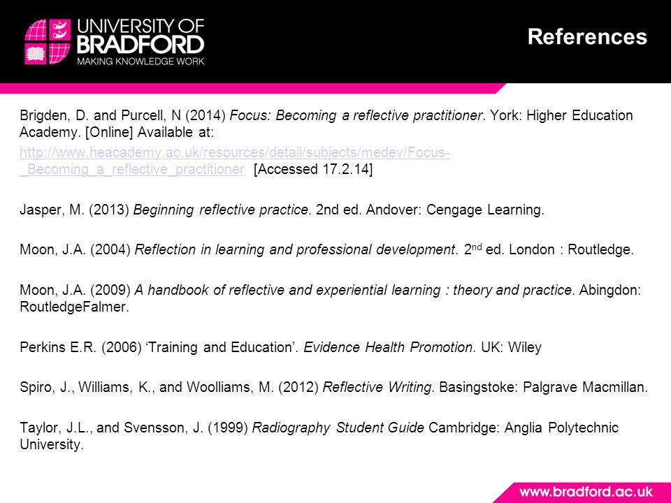 References Brigden, D. and Purcell, N (2014) Focus: Becoming a reflective practitioner. York: Higher Education Academy. [Online] Available at: