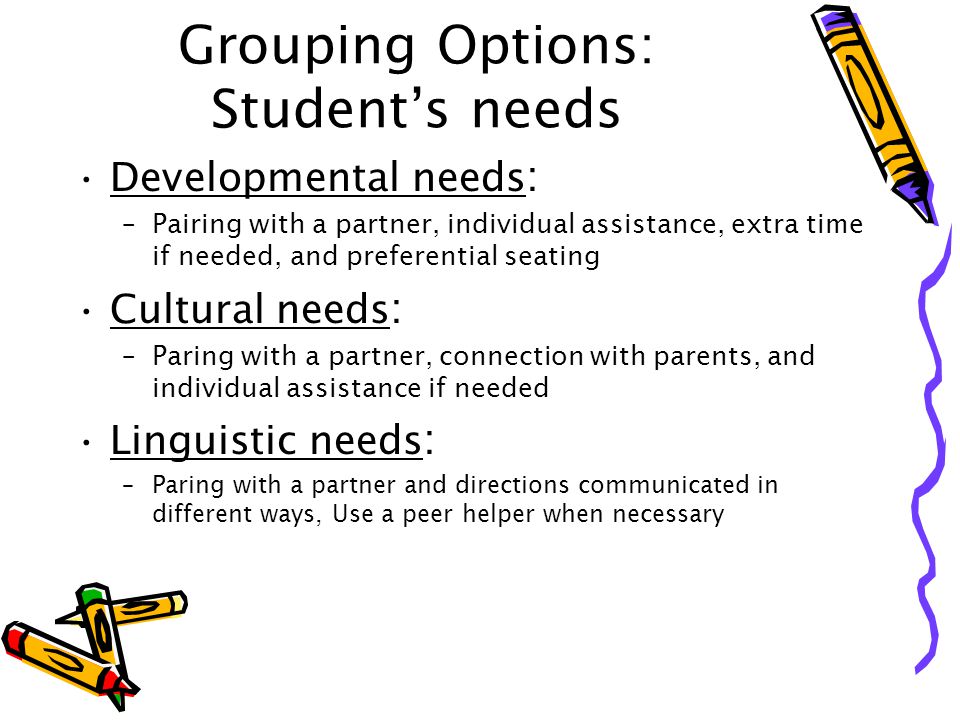 Grouping Options: Student’s needs
