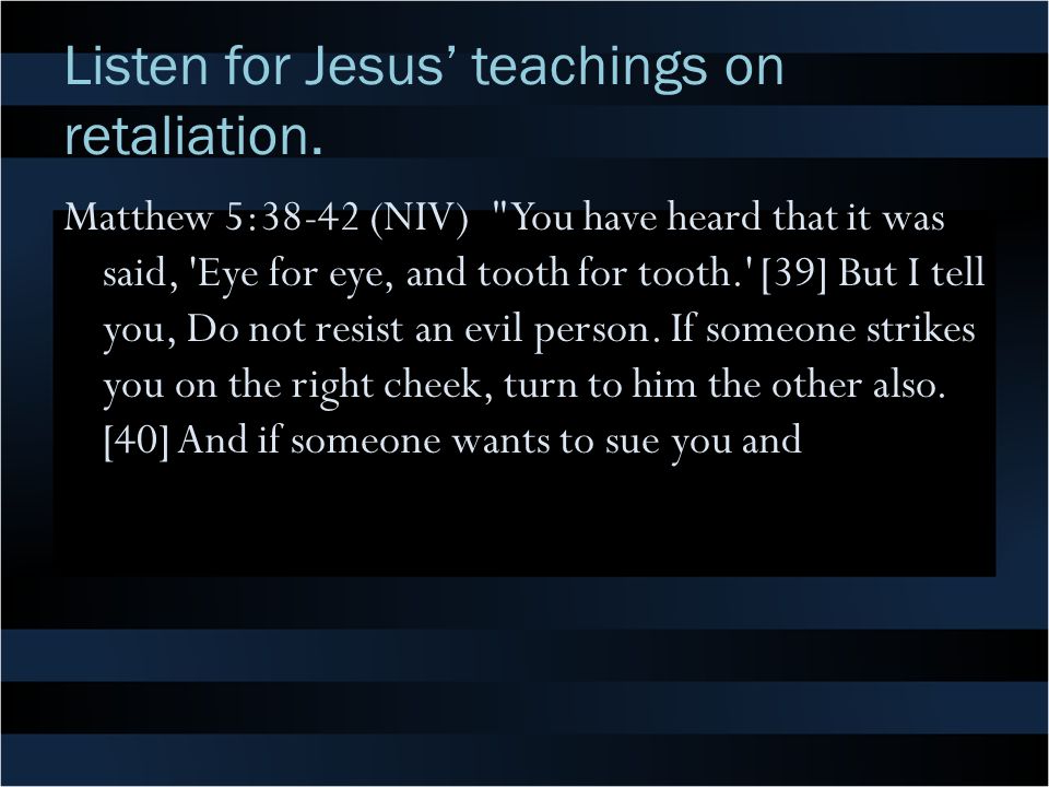 Listen for Jesus’ teachings on retaliation.