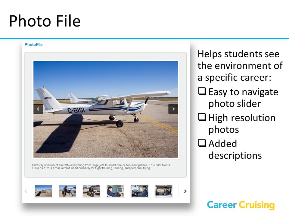 Photo File Helps students see the environment of a specific career: