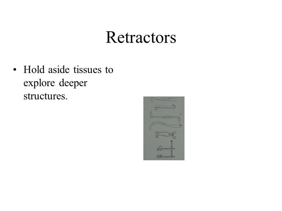 Retractors Hold aside tissues to explore deeper structures.