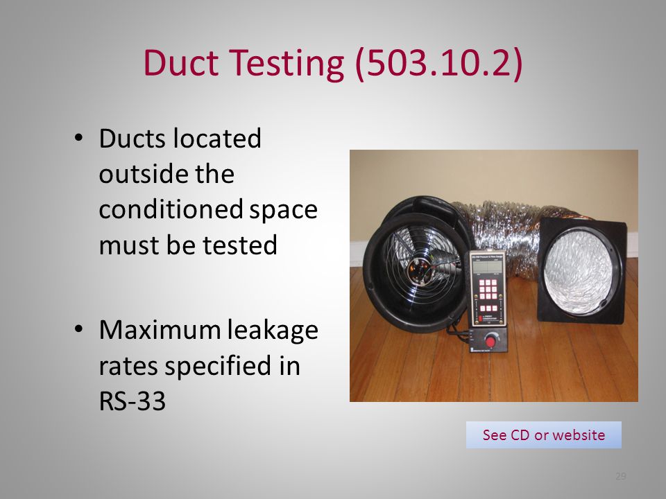 Duct Testing ( ) Ducts located outside the conditioned space must be tested. Maximum leakage rates specified in RS-33.