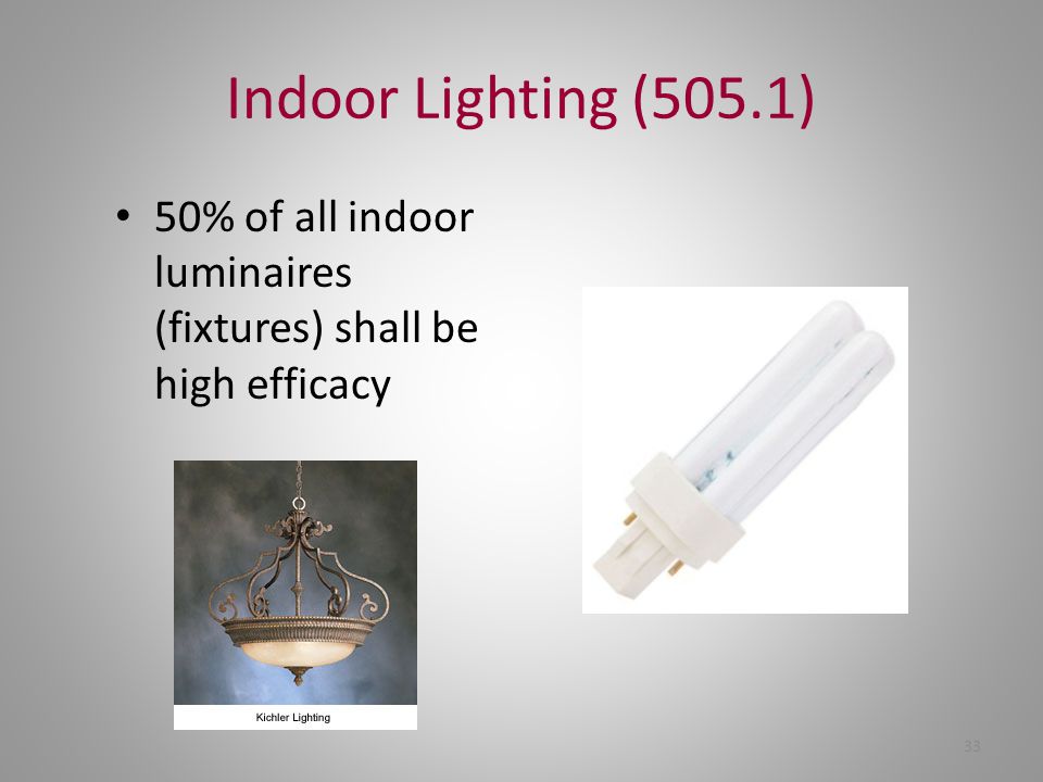 Indoor Lighting (505.1) 50% of all indoor luminaires (fixtures) shall be high efficacy