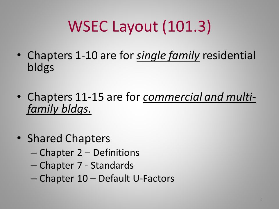 WSEC Layout (101.3) Chapters 1-10 are for single family residential bldgs. Chapters are for commercial and multi-family bldgs.