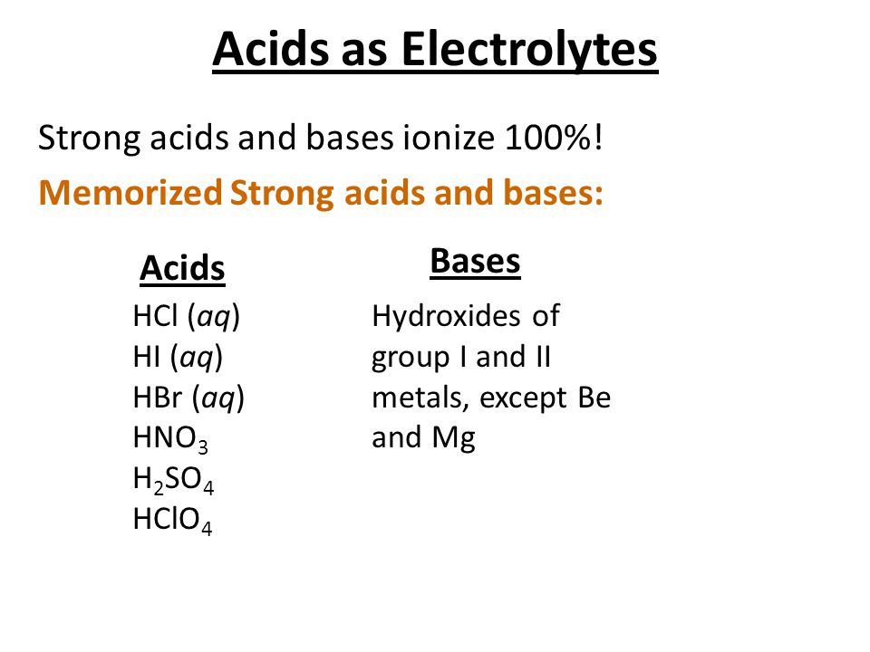 Acids as Electrolytes Strong acids and bases ionize 100%! Memorized Strong acids and bases: Bases.