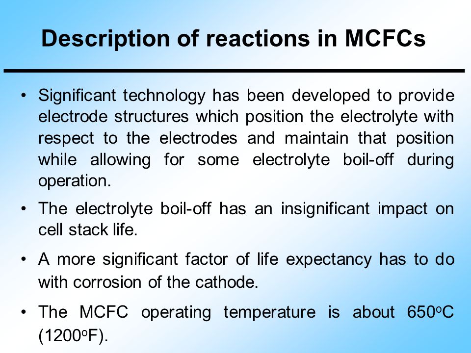 Description of reactions in MCFCs