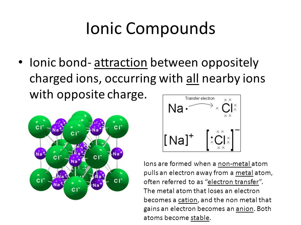 Ionic Compounds Ionic bond- attraction between oppositely charged ions, occurring with all nearby ions with opposite charge.