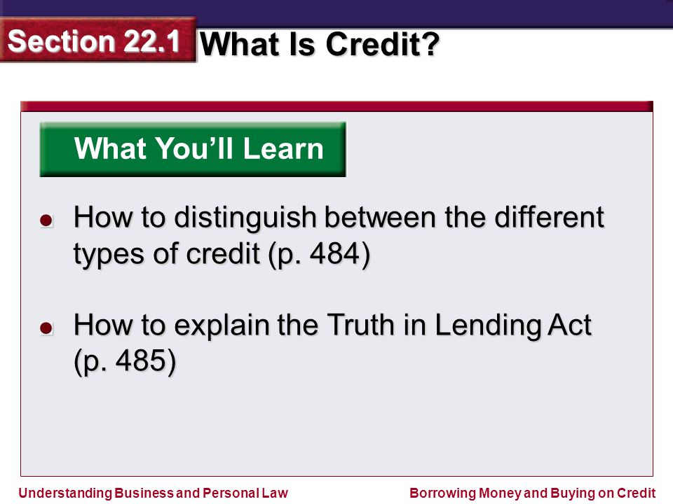 What You’ll Learn How to distinguish between the different types of credit (p. 484) How to explain the Truth in Lending Act.