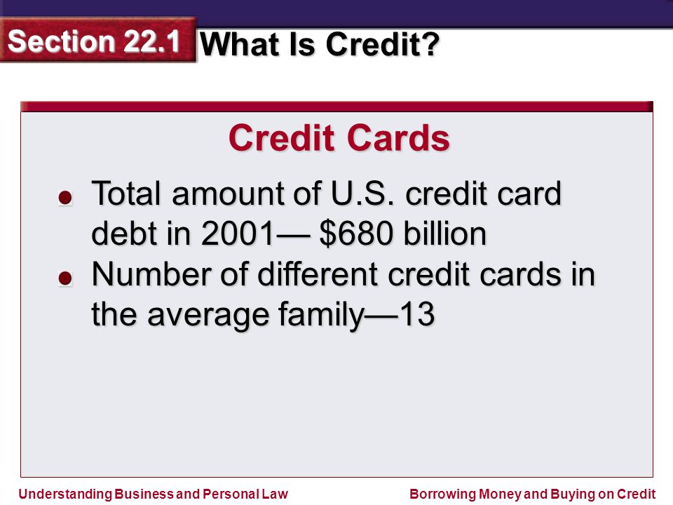 Credit Cards Total amount of U.S. credit card debt in 2001— $680 billion.