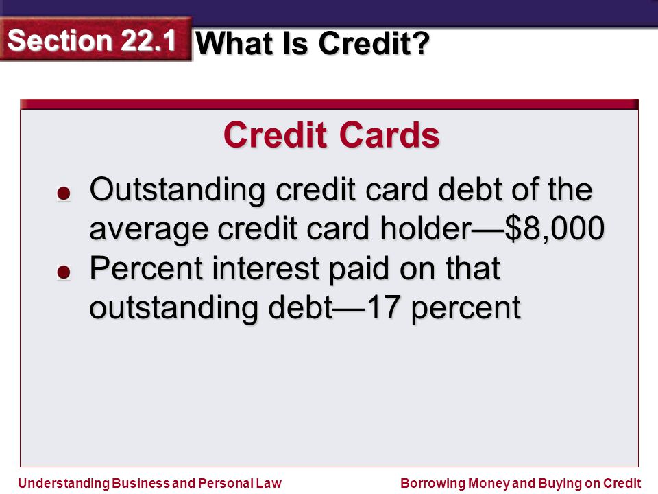 Credit Cards Outstanding credit card debt of the average credit card holder—$8,000.