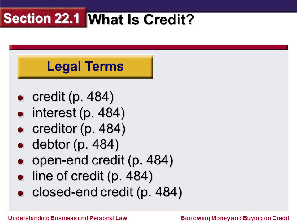 Legal Terms credit (p. 484) interest (p. 484) creditor (p. 484) debtor (p. 484) open-end credit (p. 484)