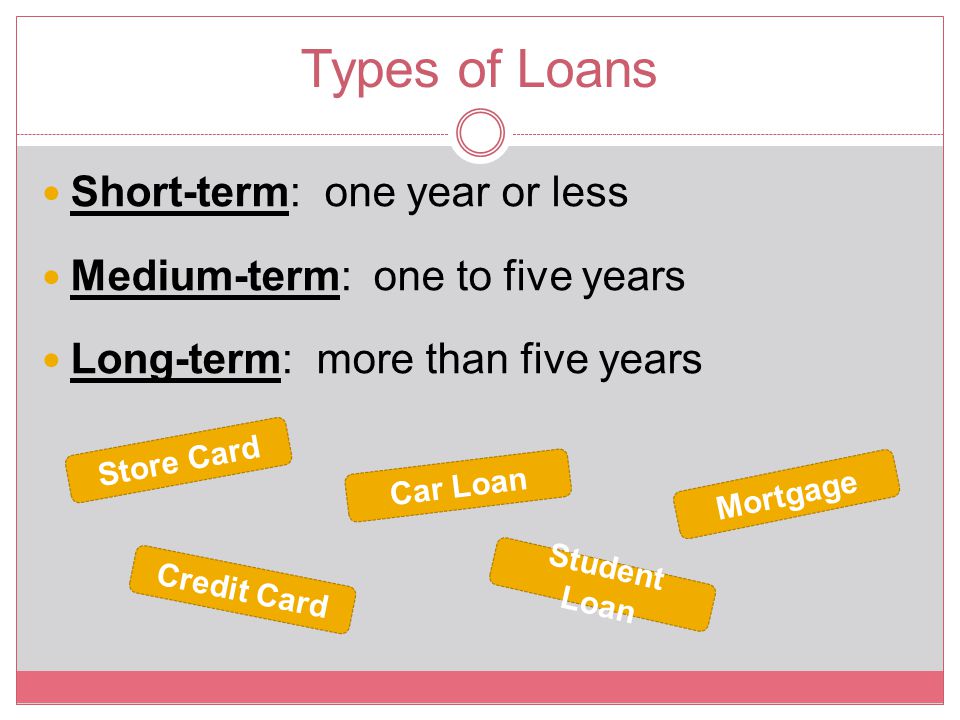 Types of Loans Short-term: one year or less
