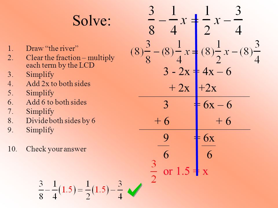 Solve: 3 - 2x = 4x – 6 + 2x +2x 3 = 6x – = 6x 6 6