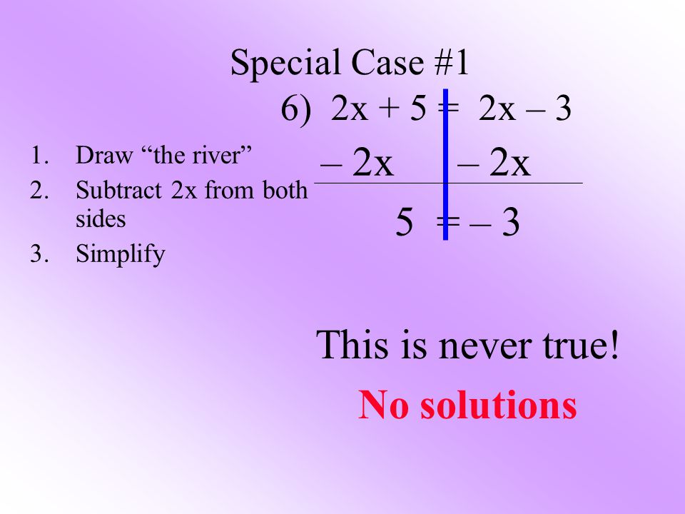 – 2x – 2x 5 = – 3 This is never true! No solutions