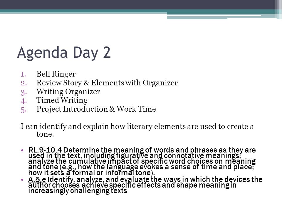 Agenda Day 2 Bell Ringer Review Story & Elements with Organizer