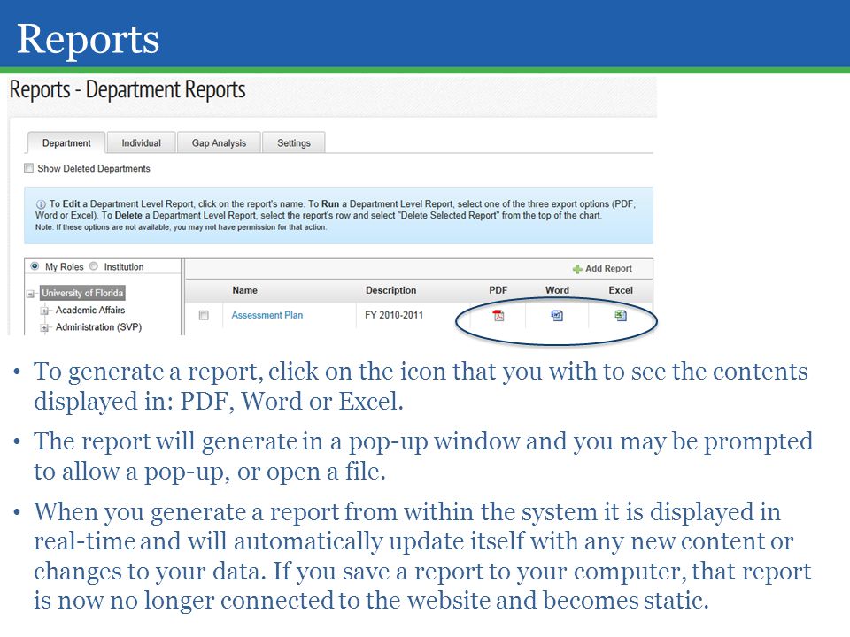 Reports To generate a report, click on the icon that you with to see the contents displayed in: PDF, Word or Excel.