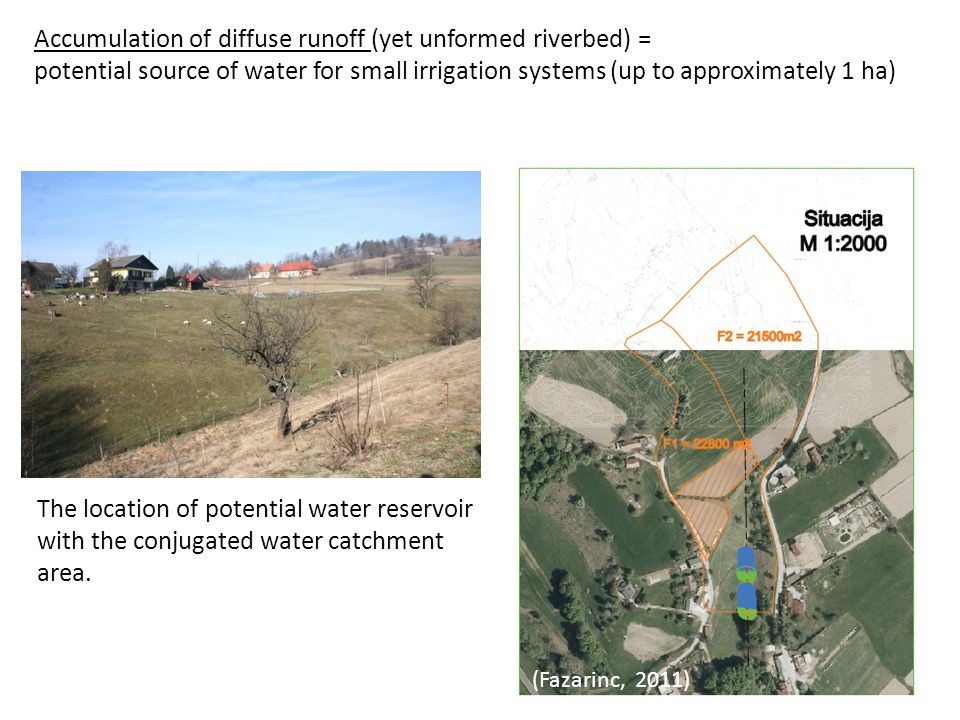 Accumulation of diffuse runoff (yet unformed riverbed) = potential source of water for small irrigation systems (up to approximately 1 ha)
