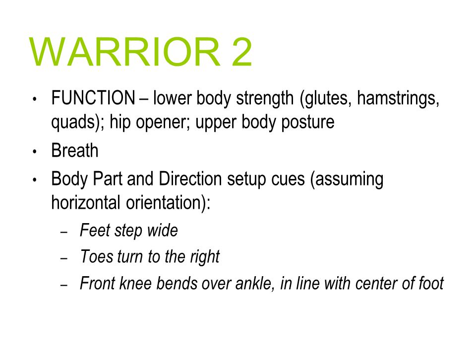 WARRIOR 2 FUNCTION – lower body strength (glutes, hamstrings, quads); hip opener; upper body posture.