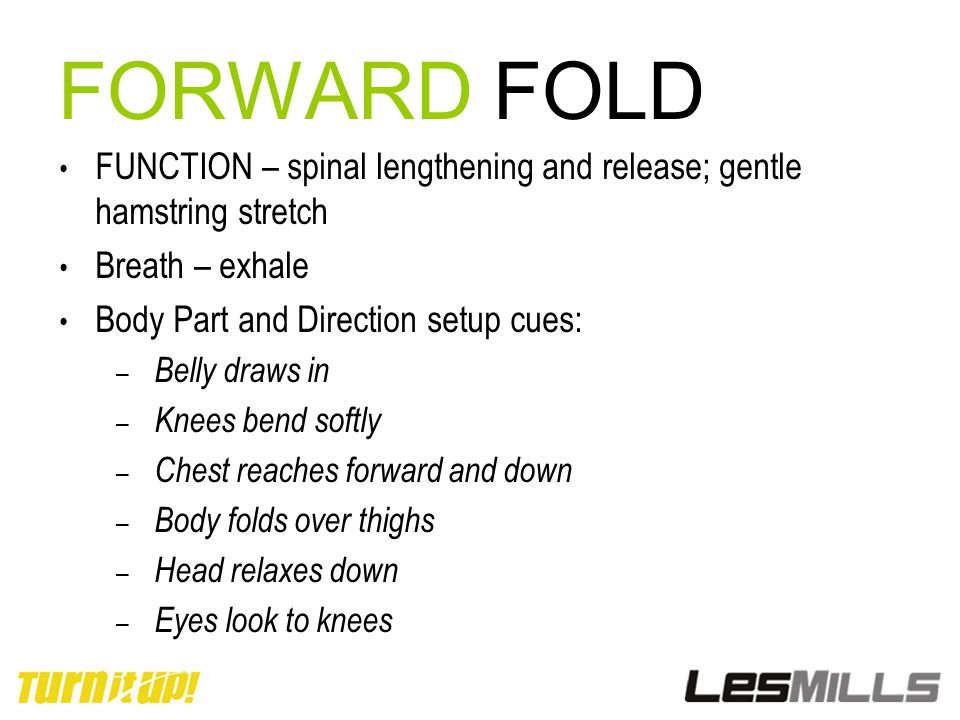 FORWARD FOLD FUNCTION – spinal lengthening and release; gentle hamstring stretch. Breath – exhale.
