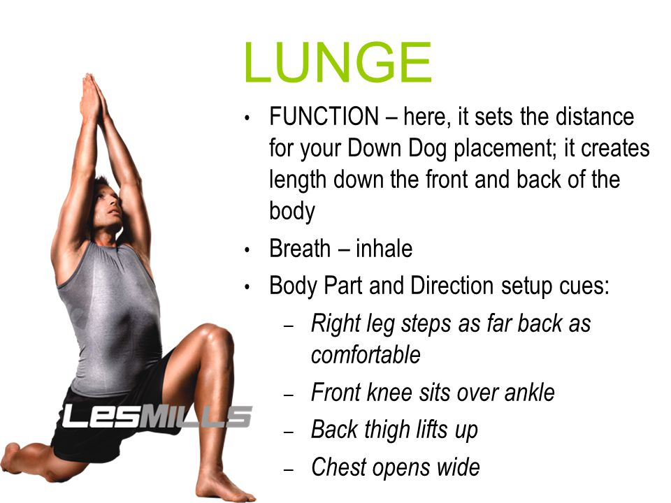 LUNGE FUNCTION – here, it sets the distance for your Down Dog placement; it creates length down the front and back of the body.