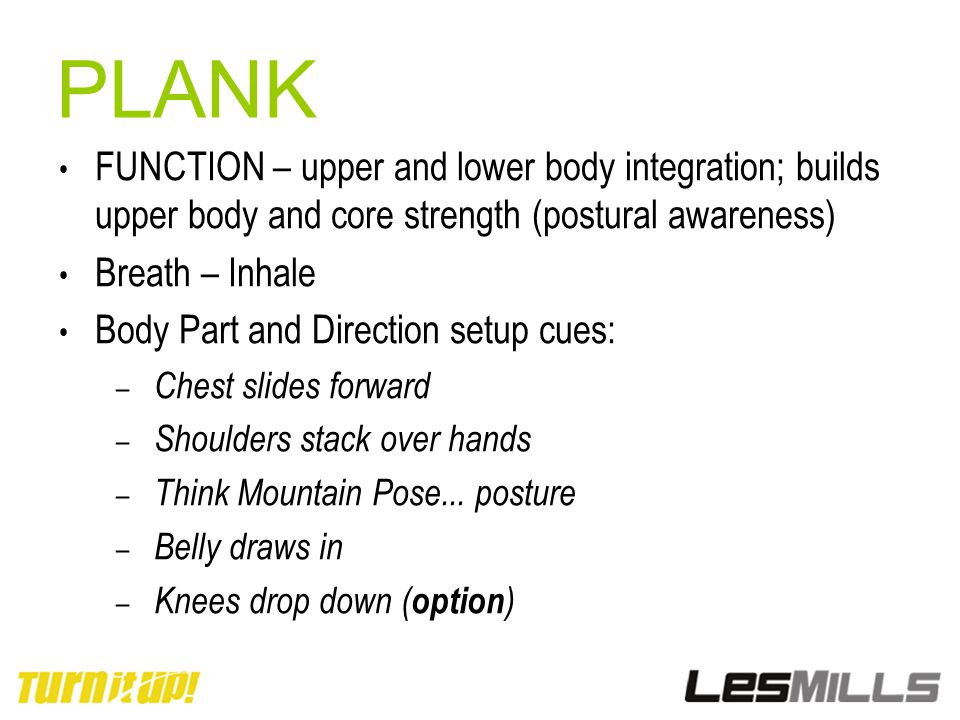 PLANK FUNCTION – upper and lower body integration; builds upper body and core strength (postural awareness)