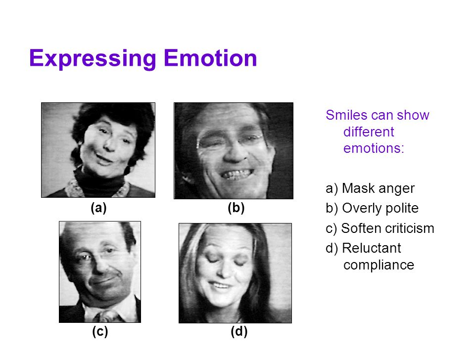 Expressing Emotion Smiles can show different emotions: a) Mask anger