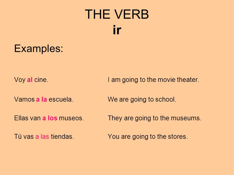 THE VERB ir Examples: Voy al cine. I am going to the movie theater.