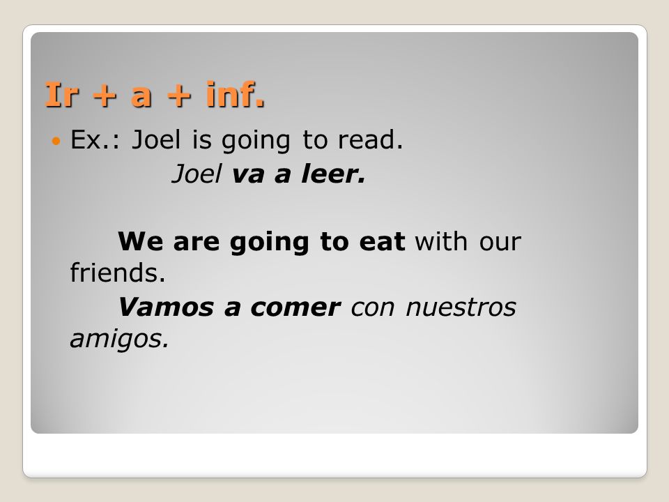 Ir + a + inf. Ex.: Joel is going to read. Joel va a leer.