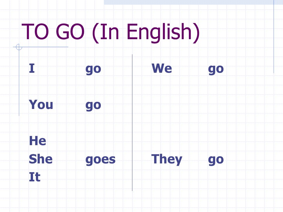 TO GO (In English) I go You go He She goes It We go They go